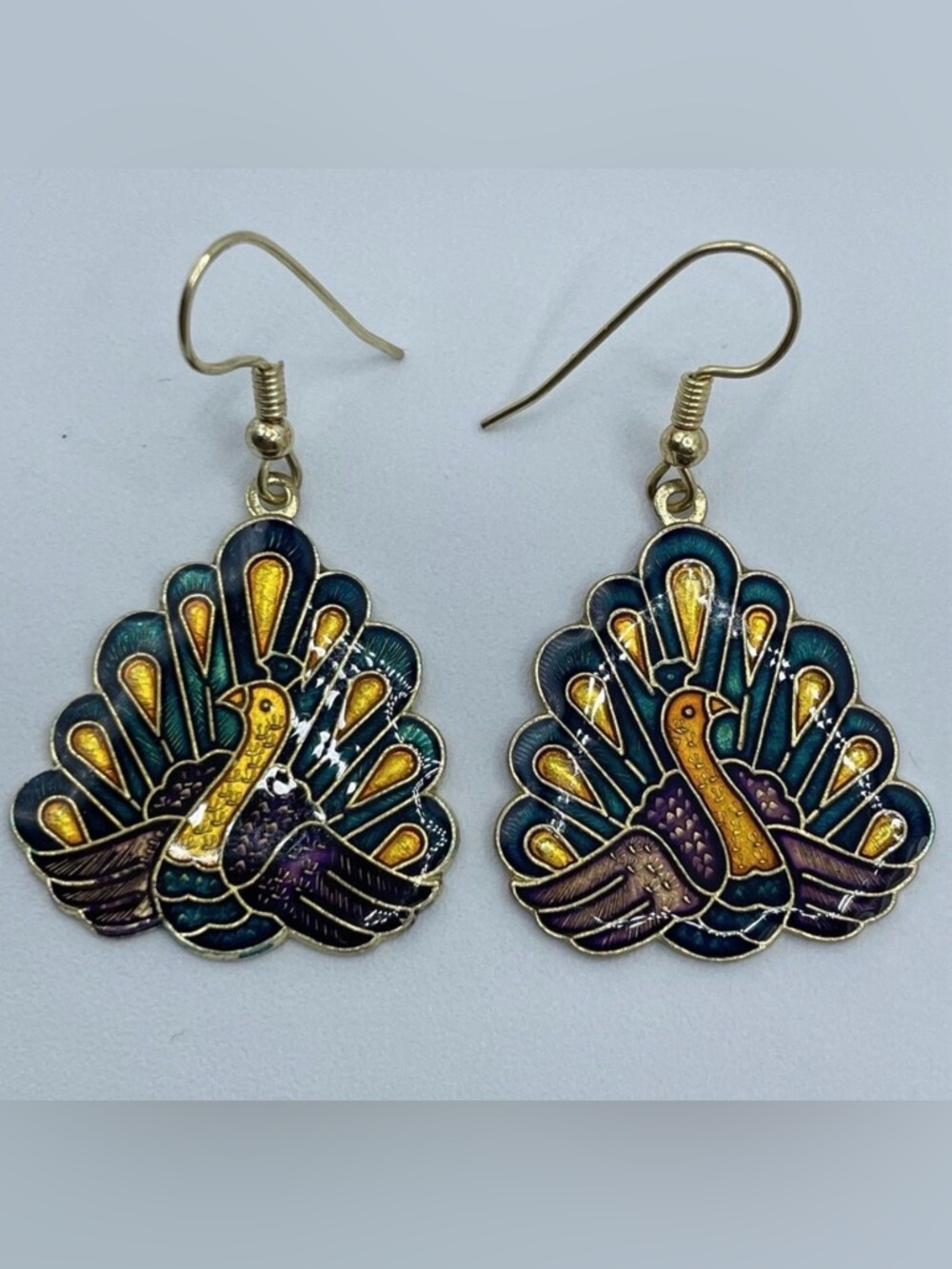Gold Tone Cloisonne Enamel Peacock Dangle Earrings Hook Setting Boho Statement